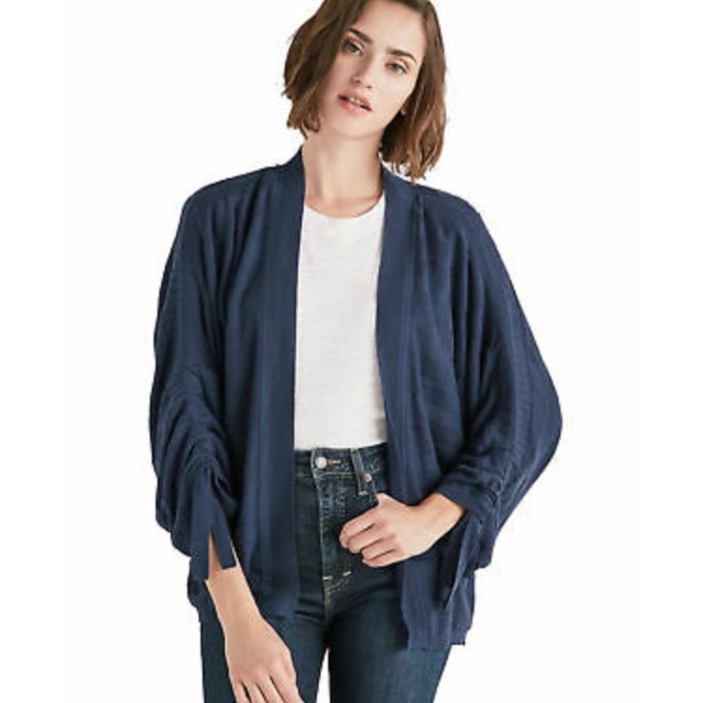 Lucky Brand navy cinched sleeve open front cardigan sweater size small